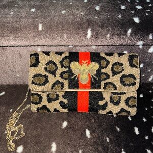 Leopard print beaded clutch
